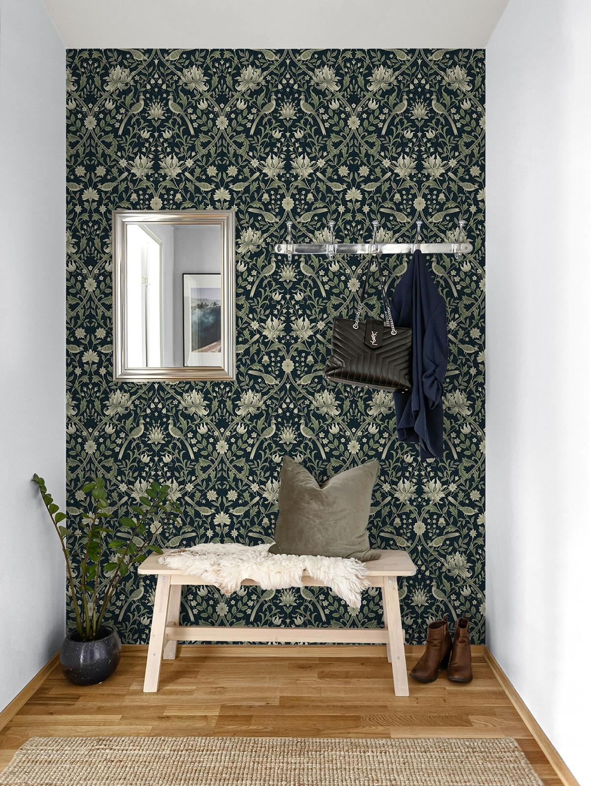 Seabrook Vintage Bird Ogee Blue & Sage Wallpaper