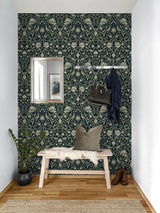 Seabrook Vintage Bird Ogee Blue & Sage Wallpaper