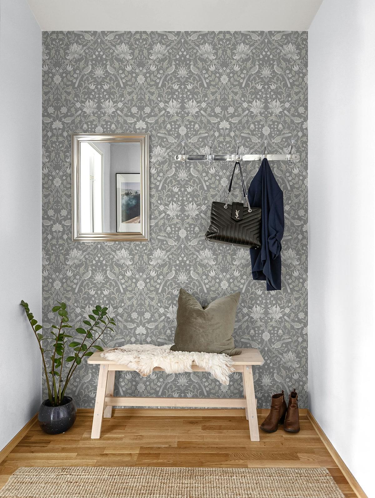 Seabrook Vintage Bird Ogee Grey Wallpaper