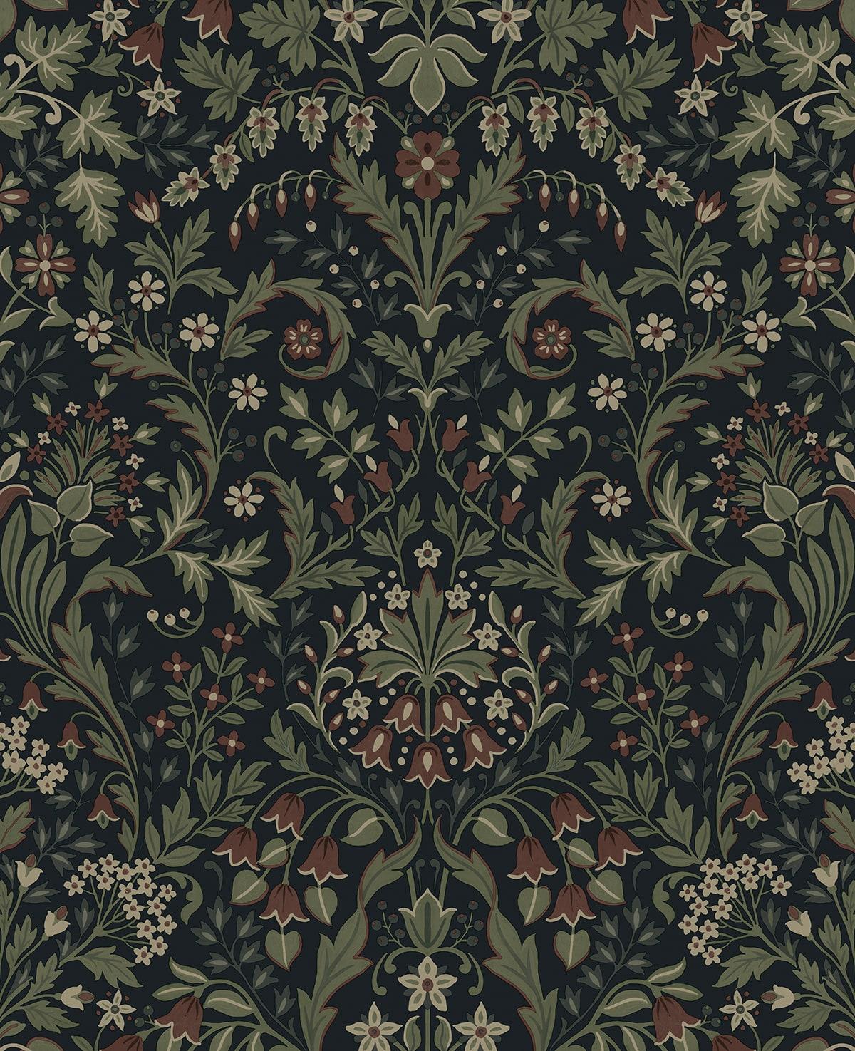 Seabrook Filigree Floral Midnight Blue & Sage Wallpaper