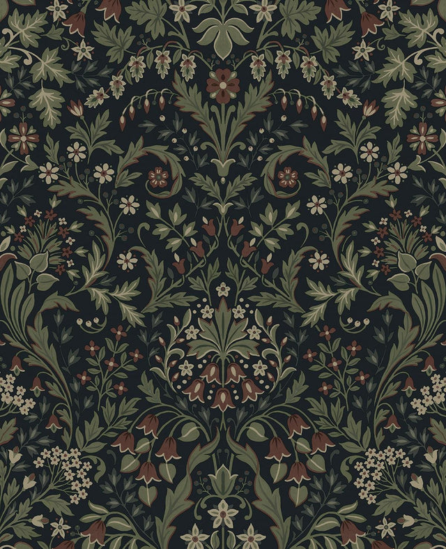 Seabrook Filigree Floral Midnight Blue & Sage Wallpaper
