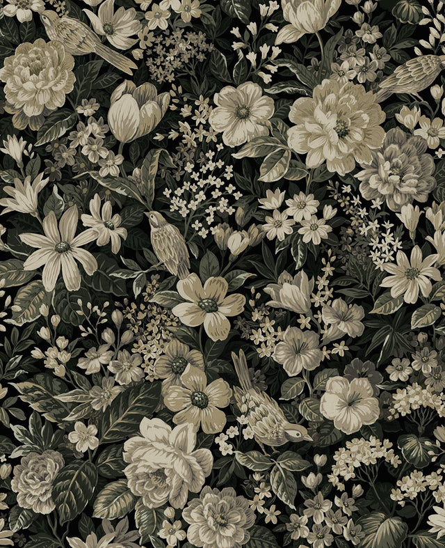 Seabrook Vintage Bird Garden Ebony & Pale Fern Wallpaper