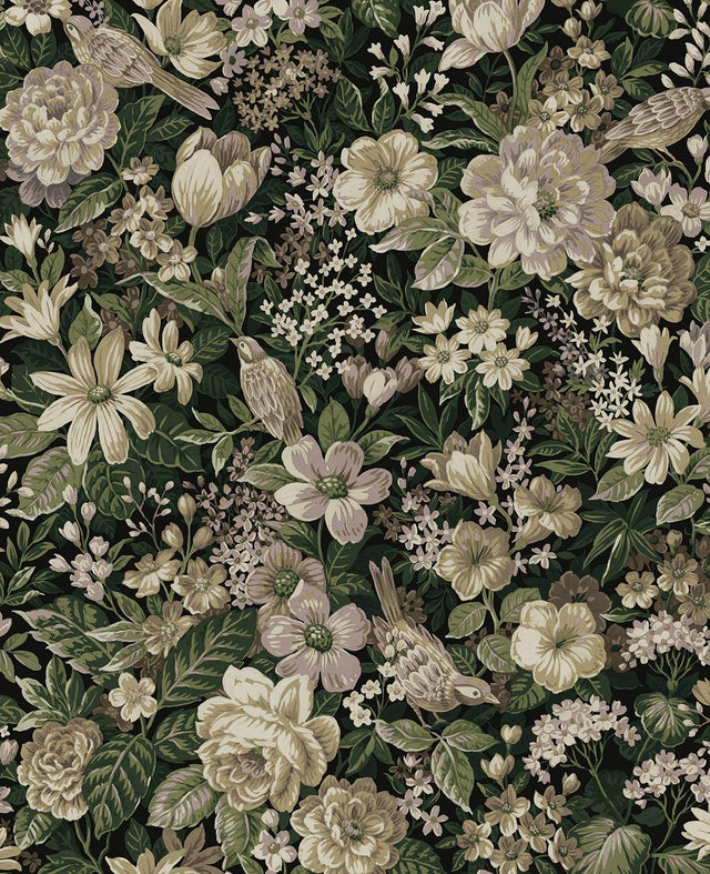 Seabrook Vintage Bird Garden Green & Mauve Wallpaper