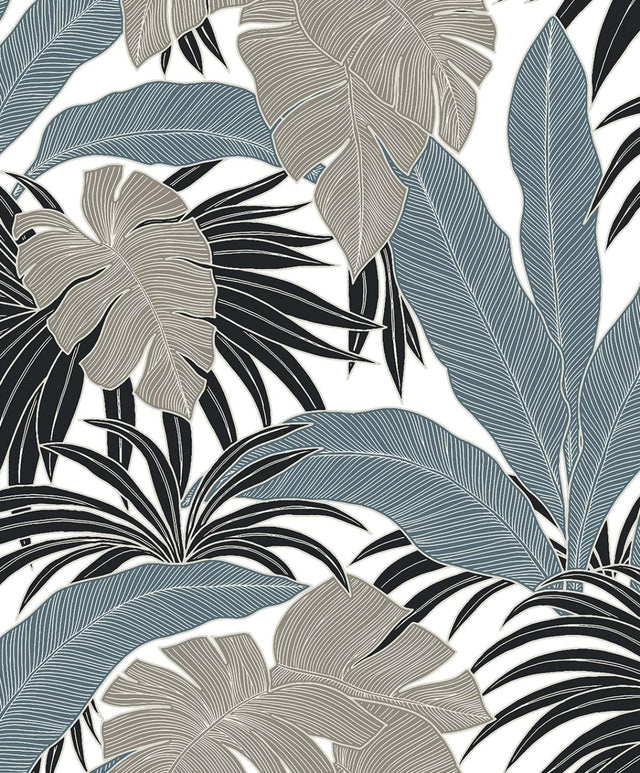 Seabrook Laguna Leaf Bluestone & Grey Wallpaper