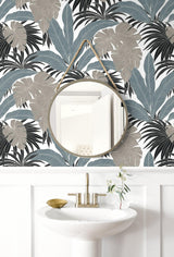Seabrook Laguna Leaf Bluestone & Grey Wallpaper