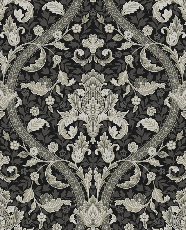 Seabrook Acanthus Ogee Ebony & Cliffside Wallpaper