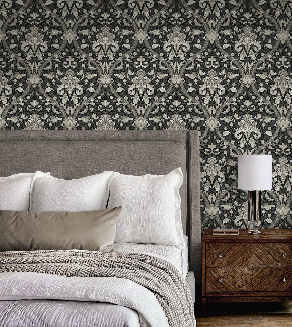 Seabrook Acanthus Ogee Ebony & Cliffside Wallpaper