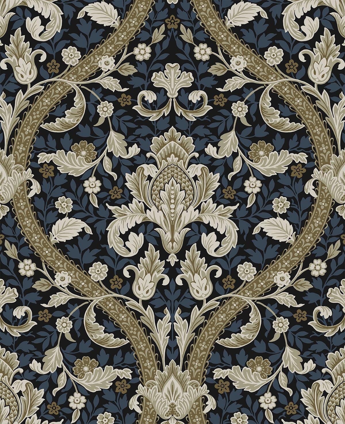Seabrook Acanthus Ogee Blue & Natural Wallpaper