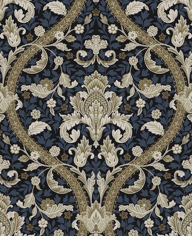Seabrook Acanthus Ogee Blue & Natural Wallpaper