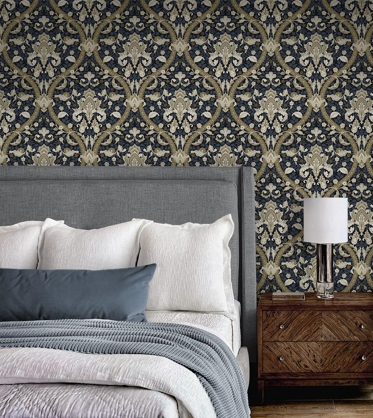 Seabrook Acanthus Ogee Blue & Natural Wallpaper