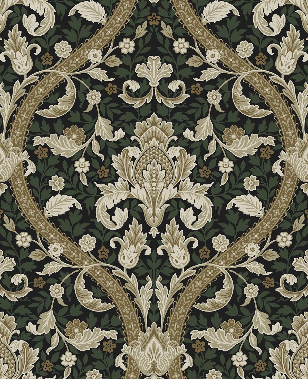 Seabrook Acanthus Ogee Ebony & Green Wallpaper