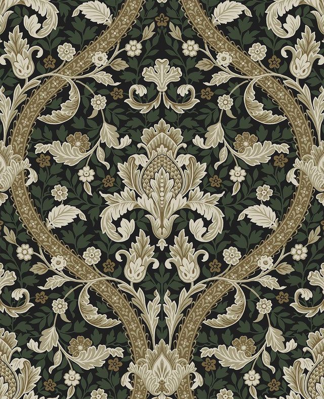 Seabrook Acanthus Ogee Ebony & Green Wallpaper