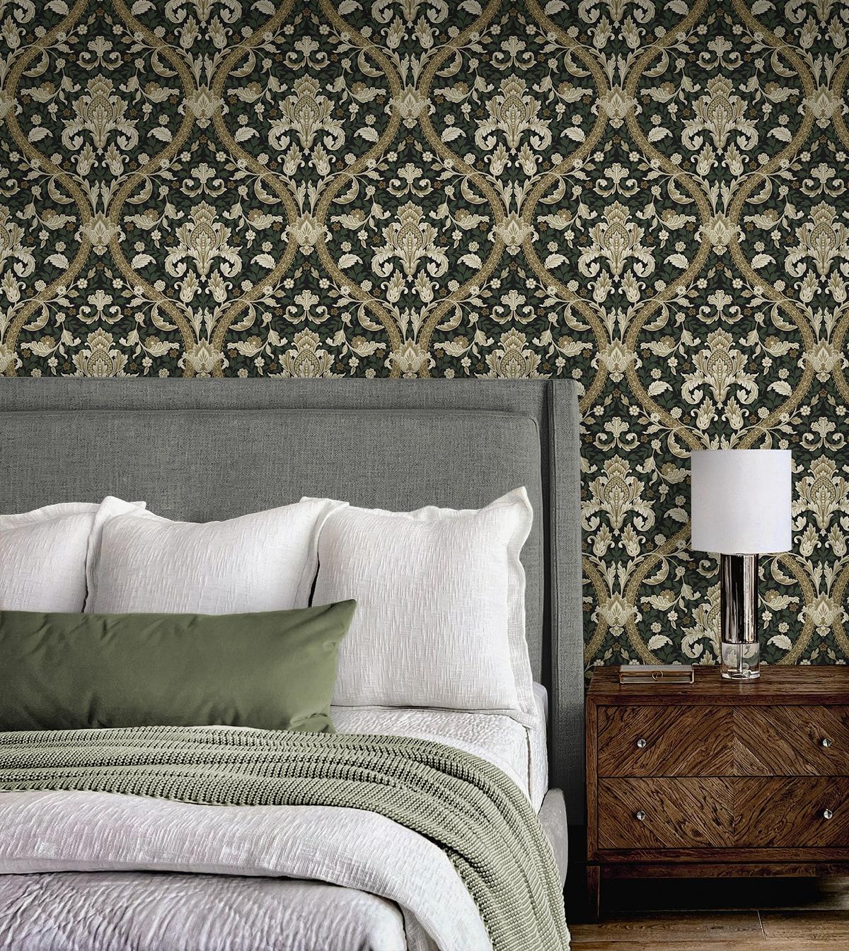 Seabrook Acanthus Ogee Ebony & Green Wallpaper