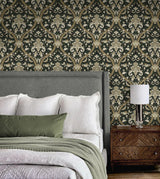 Seabrook Acanthus Ogee Ebony & Green Wallpaper