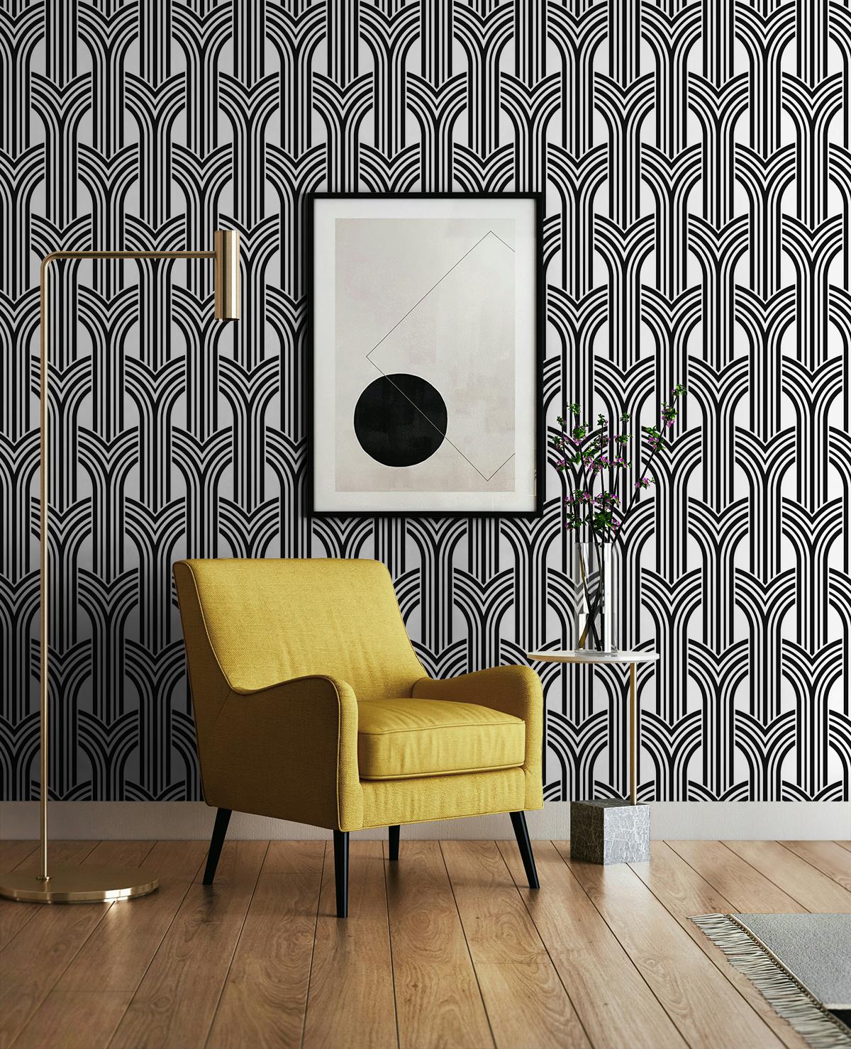 Seabrook Geometric Arches Ebony & Lace Wallpaper