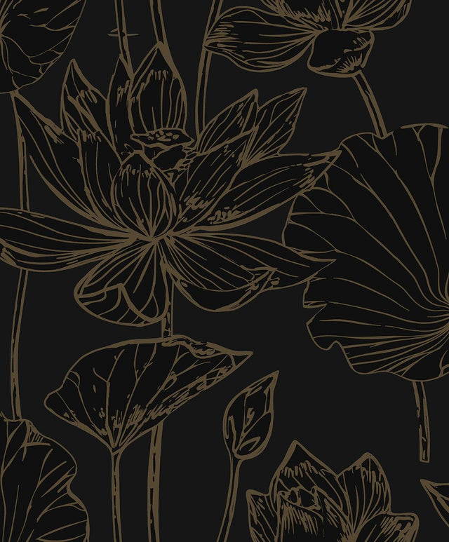 Seabrook Lotus Garden Floral Wrought Iron & Gold Wallpaper