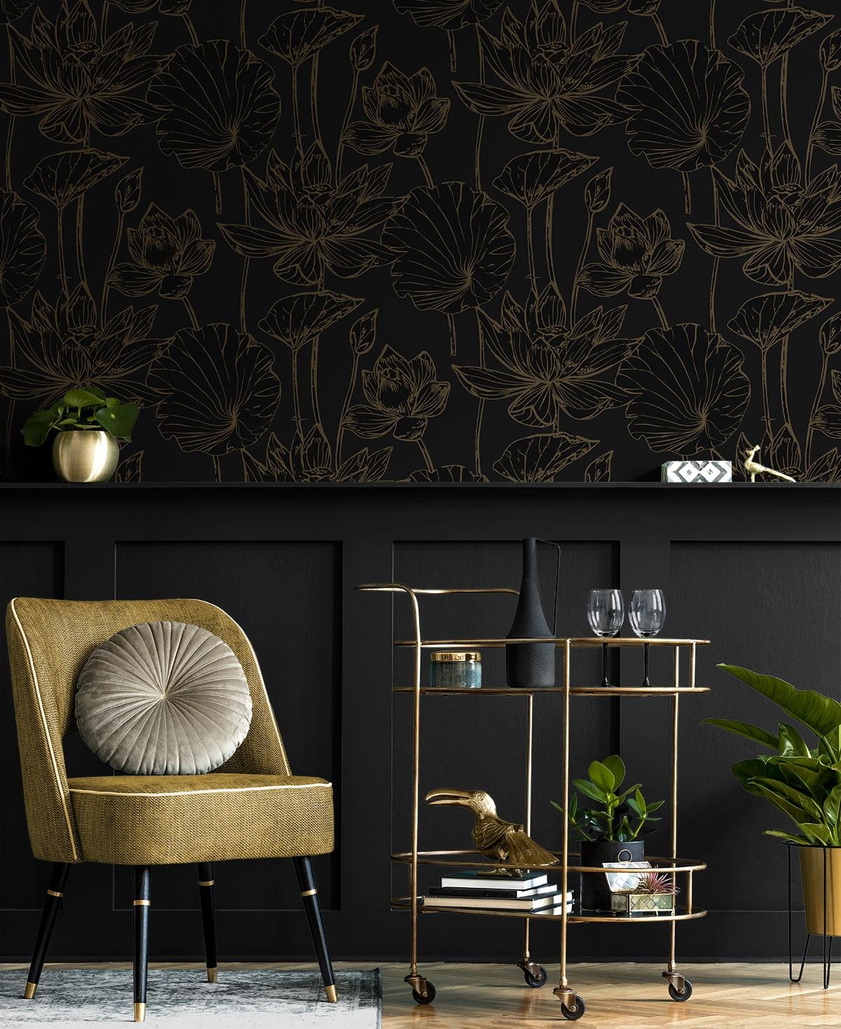 Seabrook Lotus Garden Floral Wrought Iron & Gold Wallpaper