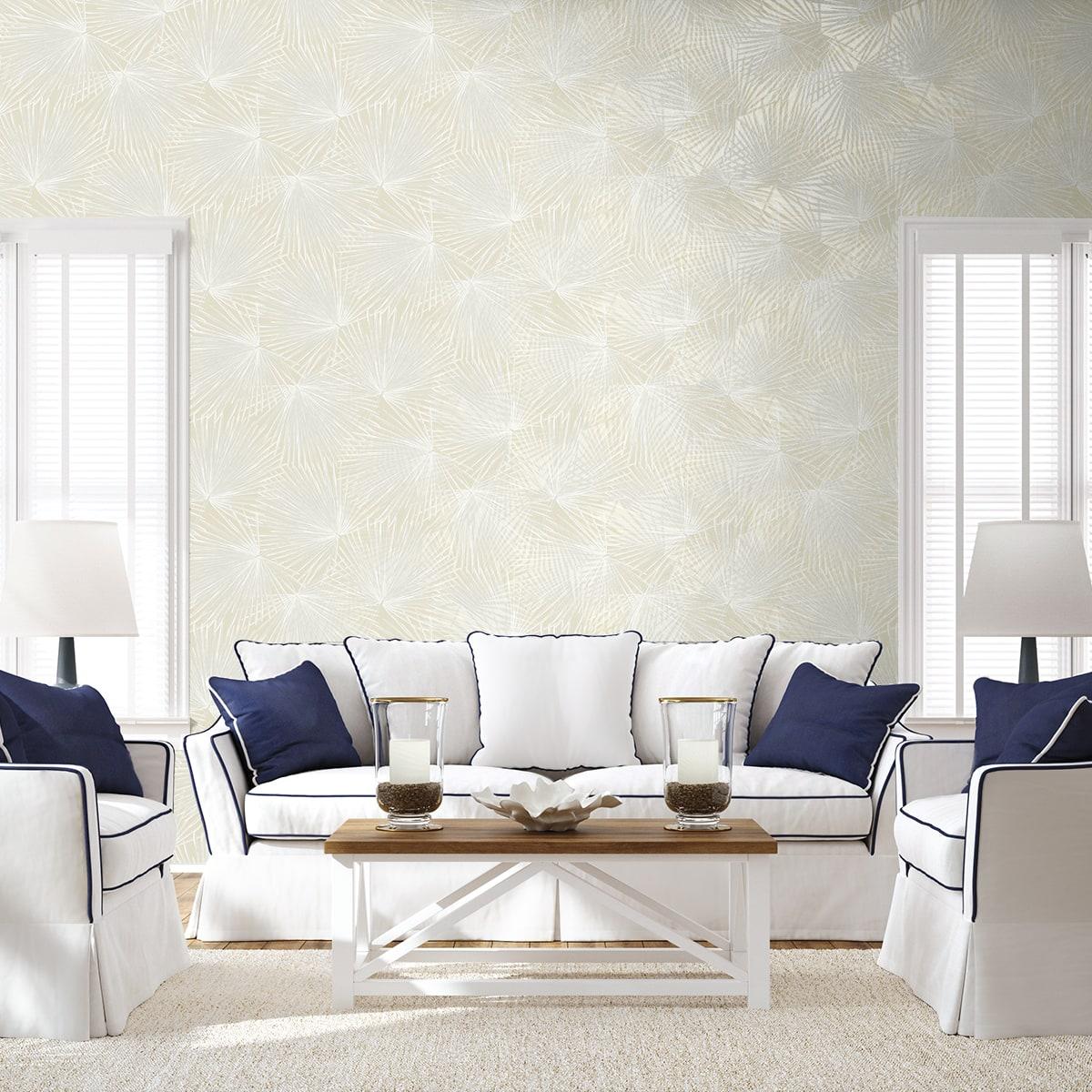 Seabrook Palmate Leaf Frond Pearl Wallpaper