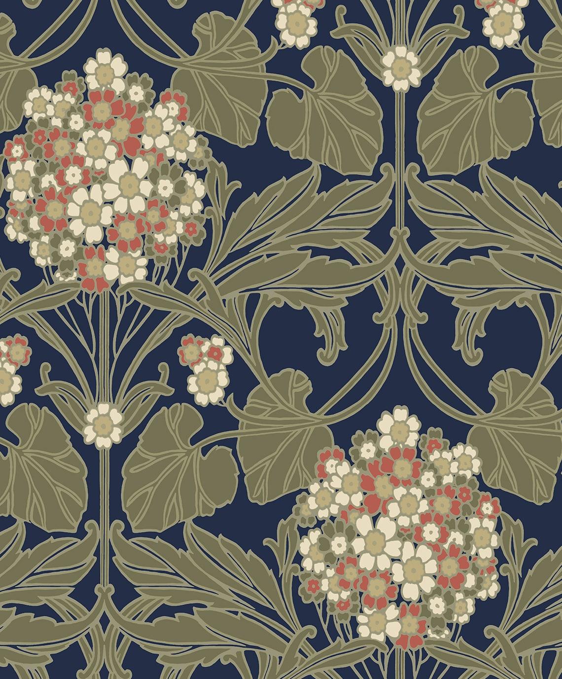 Seabrook Hydrangea Floral Dark Blue & Terra Cotta Wallpaper