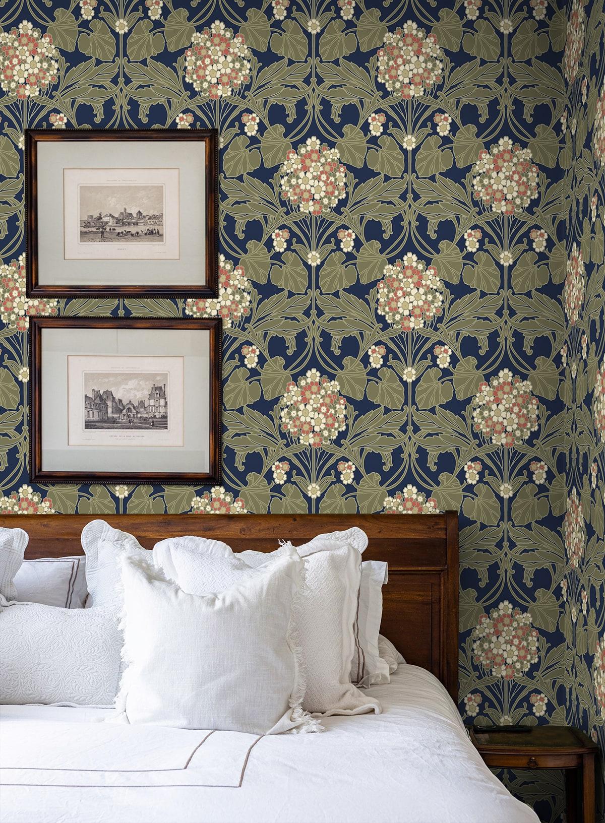 Seabrook Hydrangea Floral Dark Blue & Terra Cotta Wallpaper