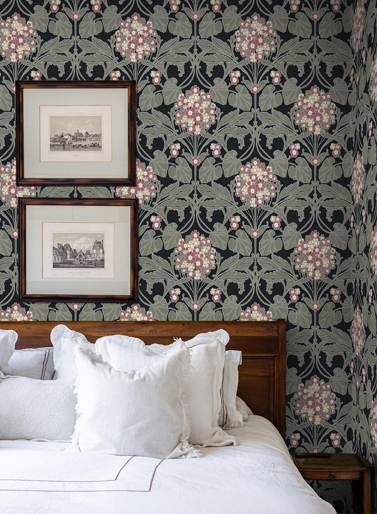 Seabrook Hydrangea Floral Black & Rosewood Wallpaper