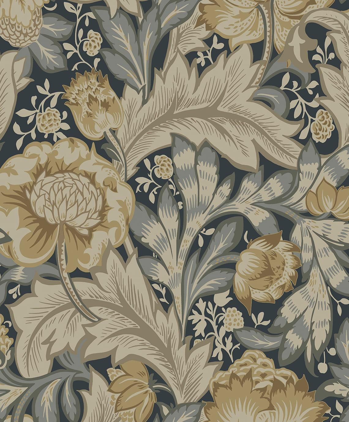 Seabrook Acanthus Garden Floral Midnight Blue & Neutral Wallpaper