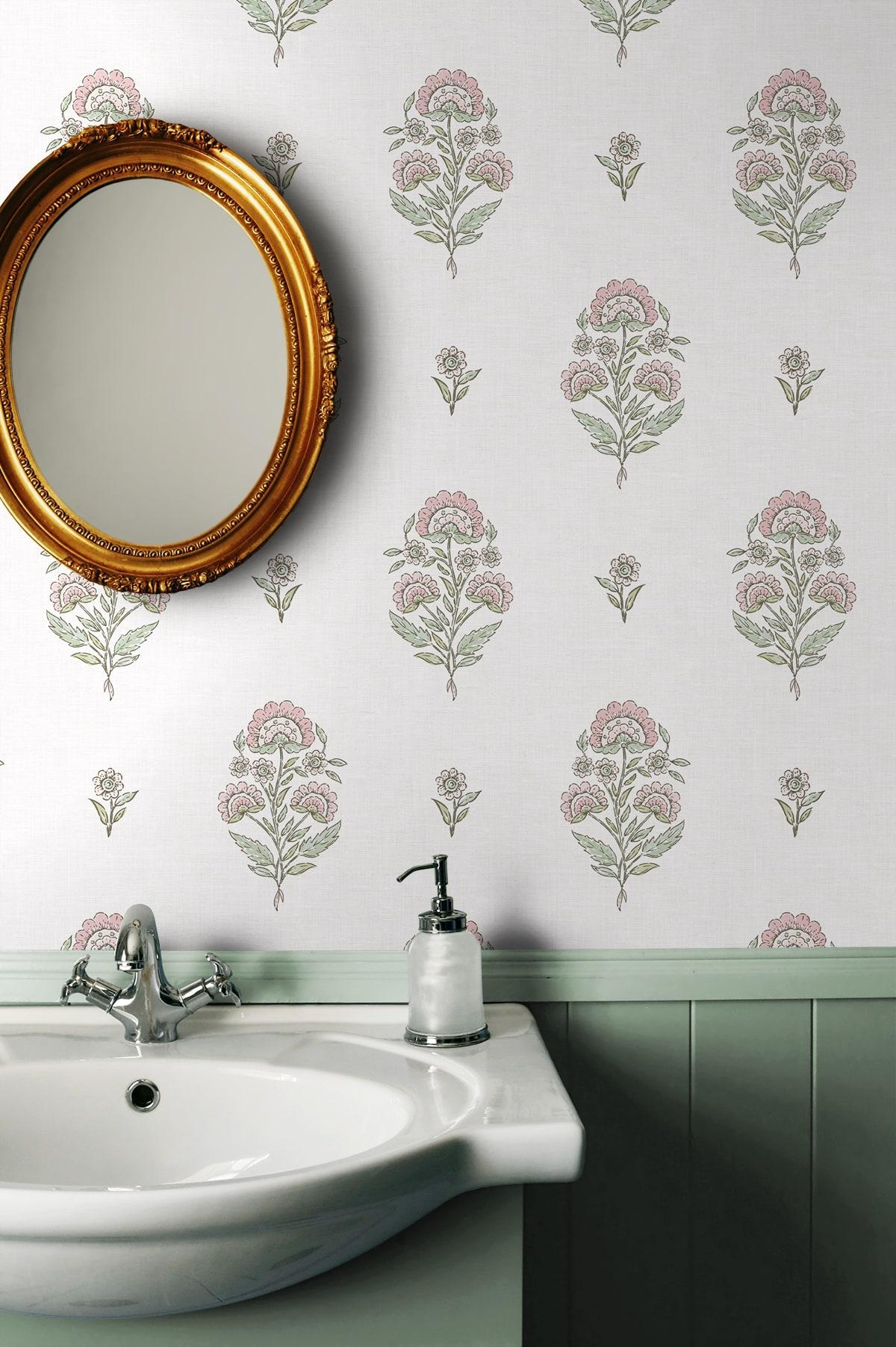 Seabrook Floral Spot Blush & Basil Wallpaper