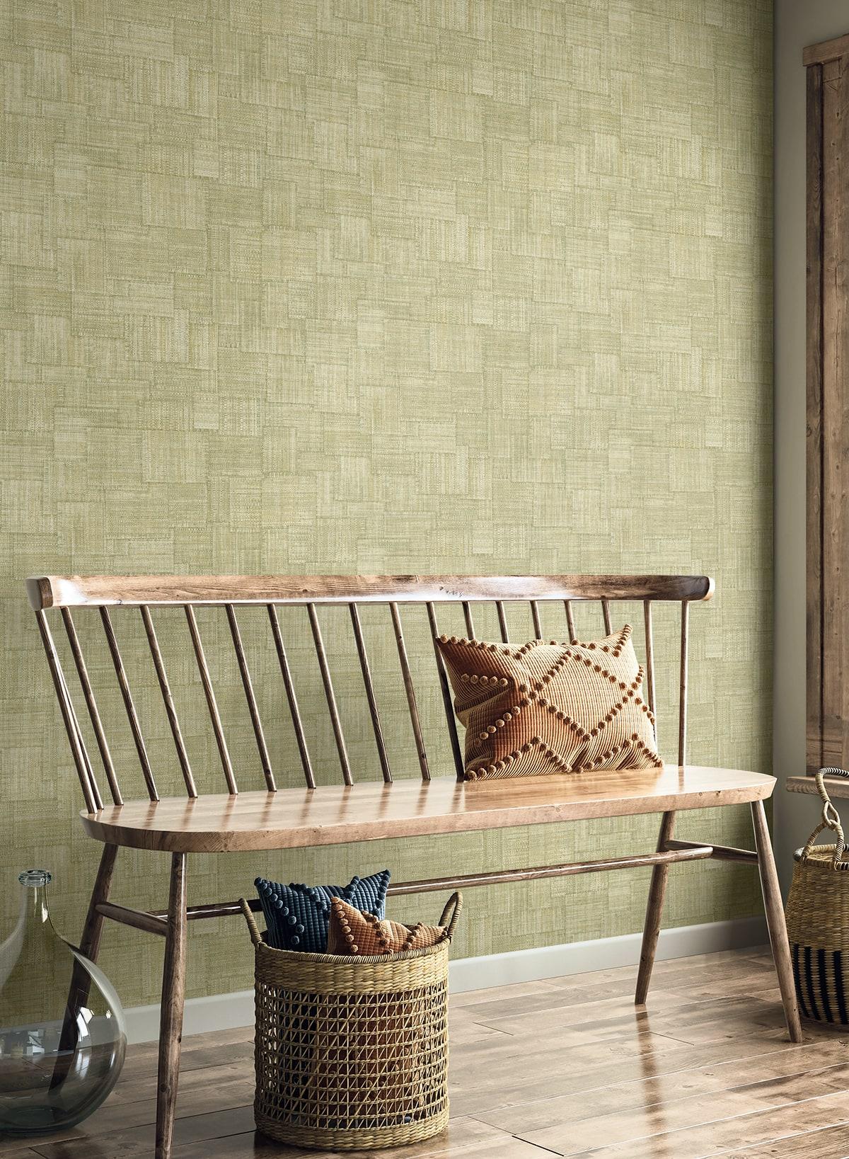 Seabrook Woven Blocks Straw Green Wallpaper
