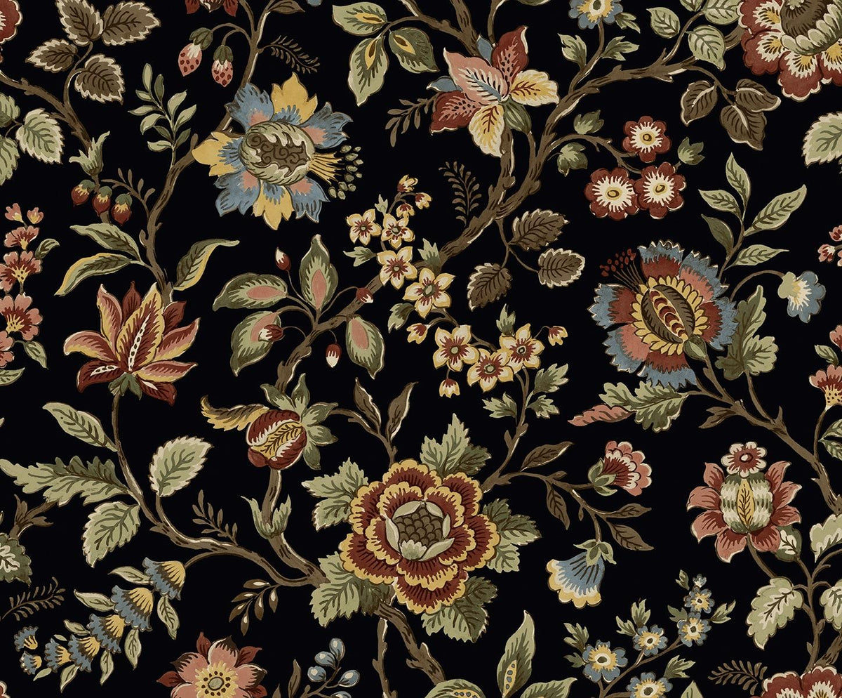 Seabrook Jacobean Floral Trail Ebony Wallpaper