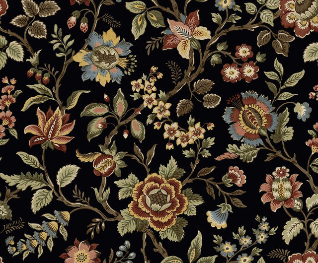 Seabrook Jacobean Floral Trail Ebony Wallpaper