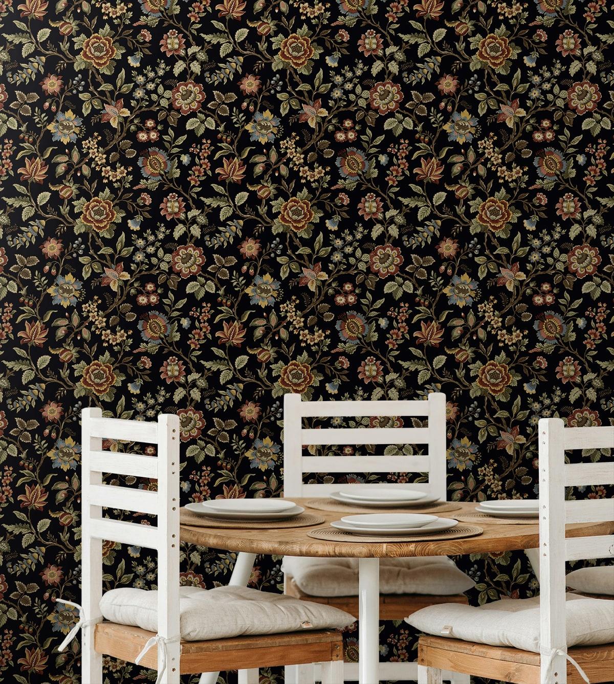Seabrook Jacobean Floral Trail Ebony Wallpaper