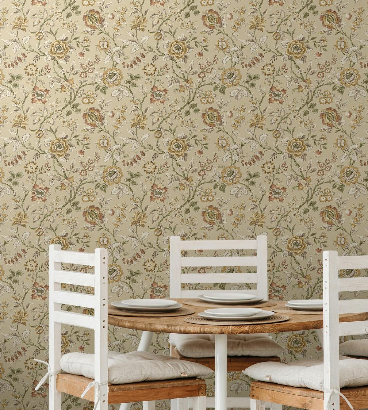 Seabrook Jacobean Floral Trail Latte Wallpaper