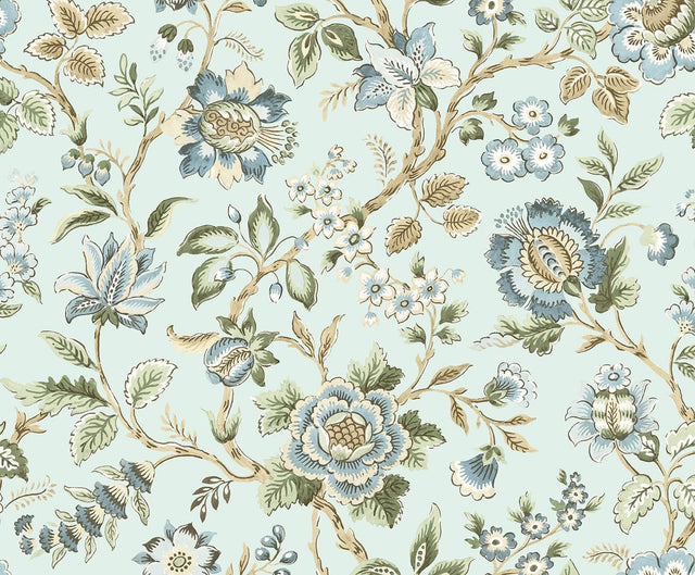 Seabrook Jacobean Floral Trail Sea Mist Wallpaper