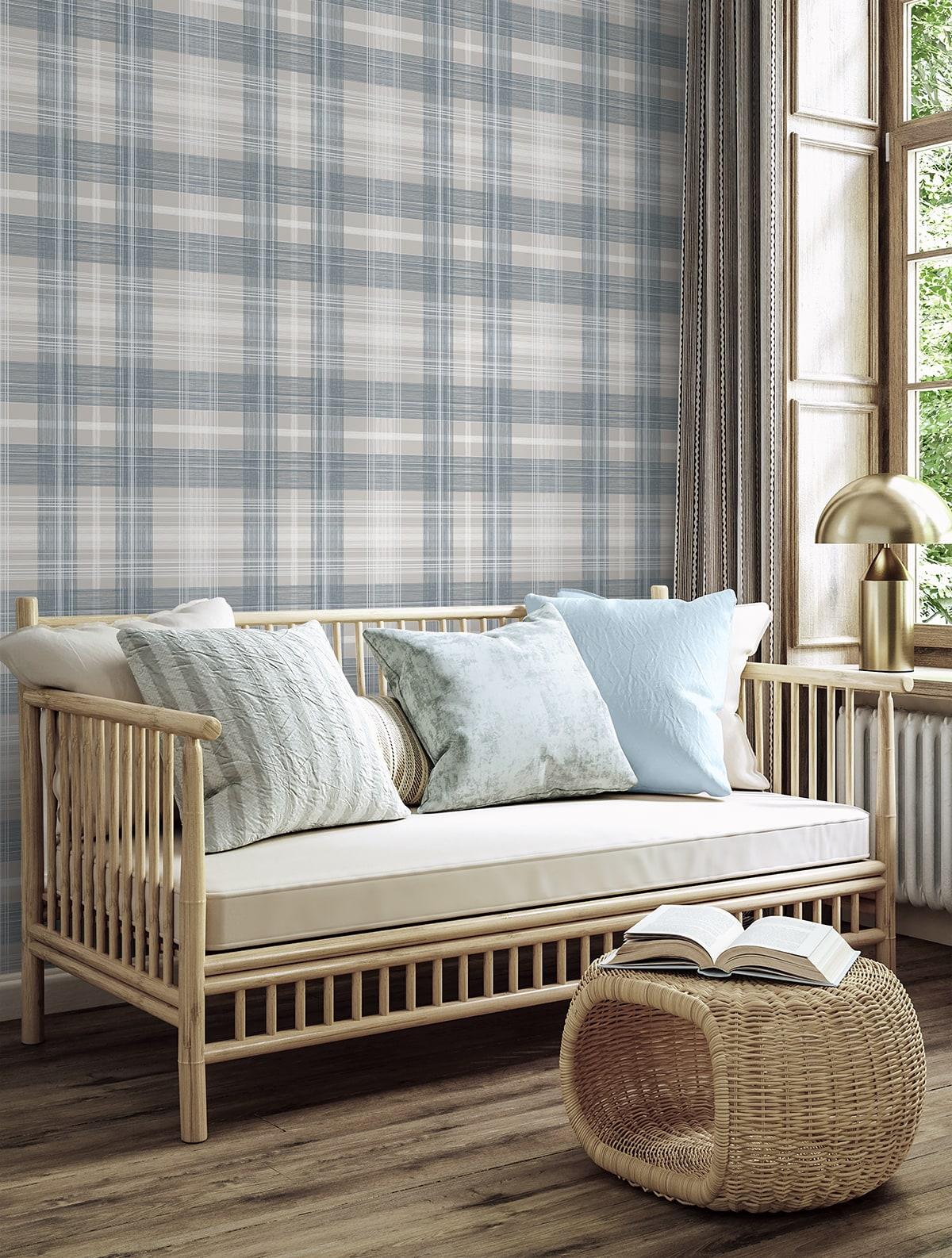 Seabrook Crossroads Plaid Argos Grey & Blue Wallpaper