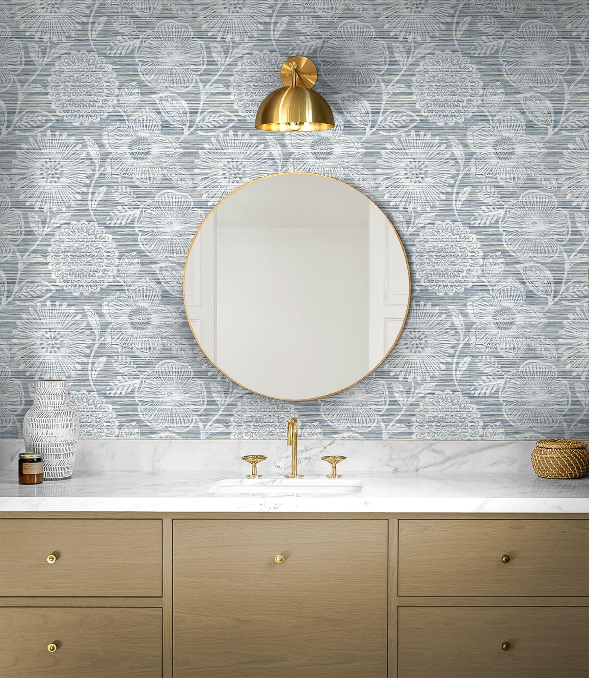 Seabrook Faux Grass Floral Bluestone Wallpaper