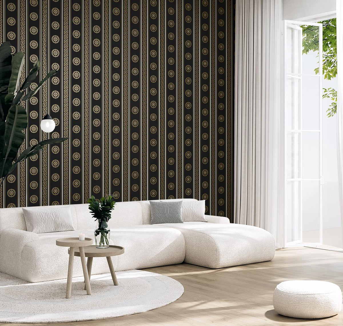 Seabrook Classico Medallion Stripe Black & Metallic Gold Wallpaper