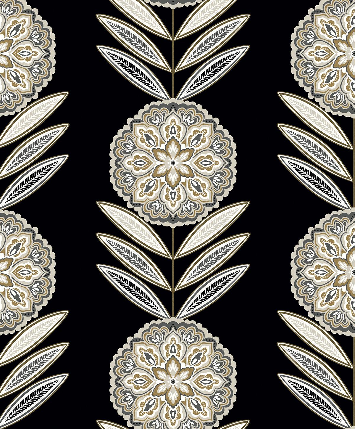 Seabrook Belle Floral Stripe Black Tie & Metallic Gold Wallpaper