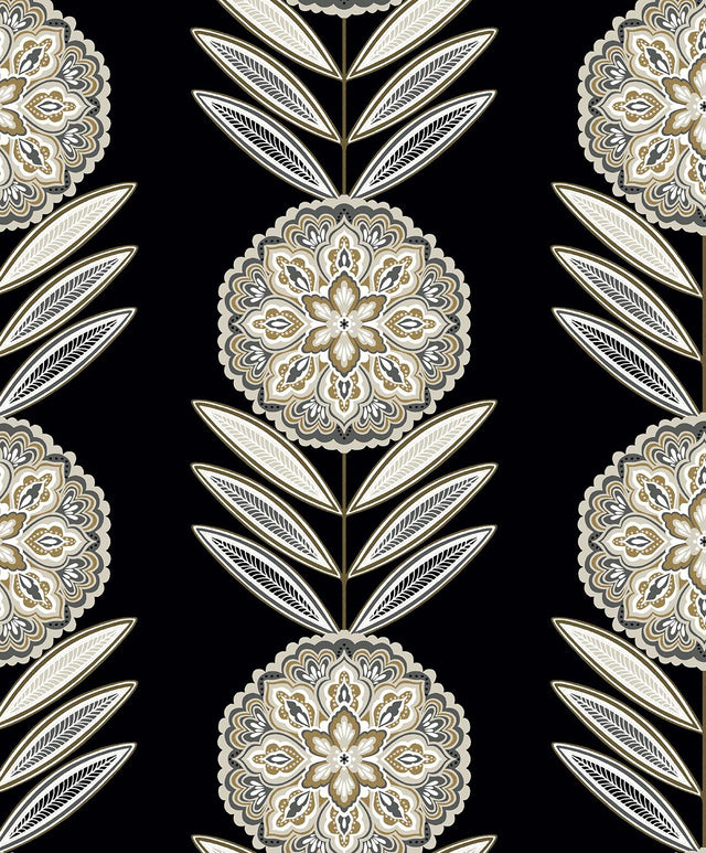 Seabrook Belle Floral Stripe Black Tie & Metallic Gold Wallpaper