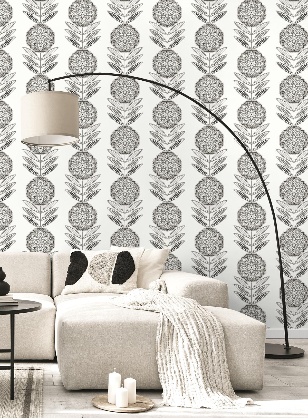 Seabrook Belle Floral Stripe Mushroom Wallpaper