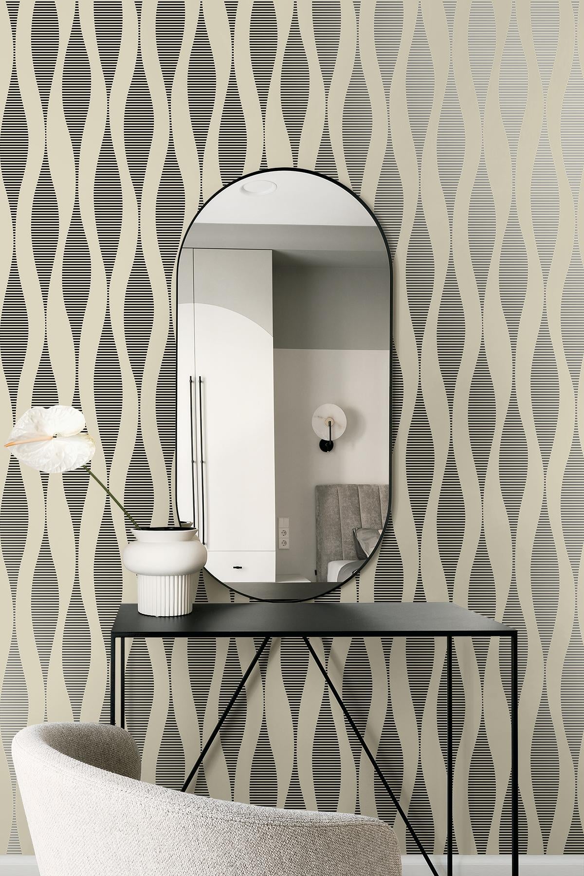 Seabrook Harmony Ikat Waves Latte & Metallic Black Wallpaper