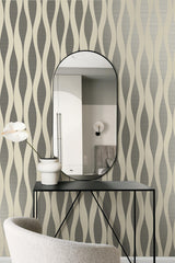 Seabrook Harmony Ikat Waves Latte & Metallic Black Wallpaper