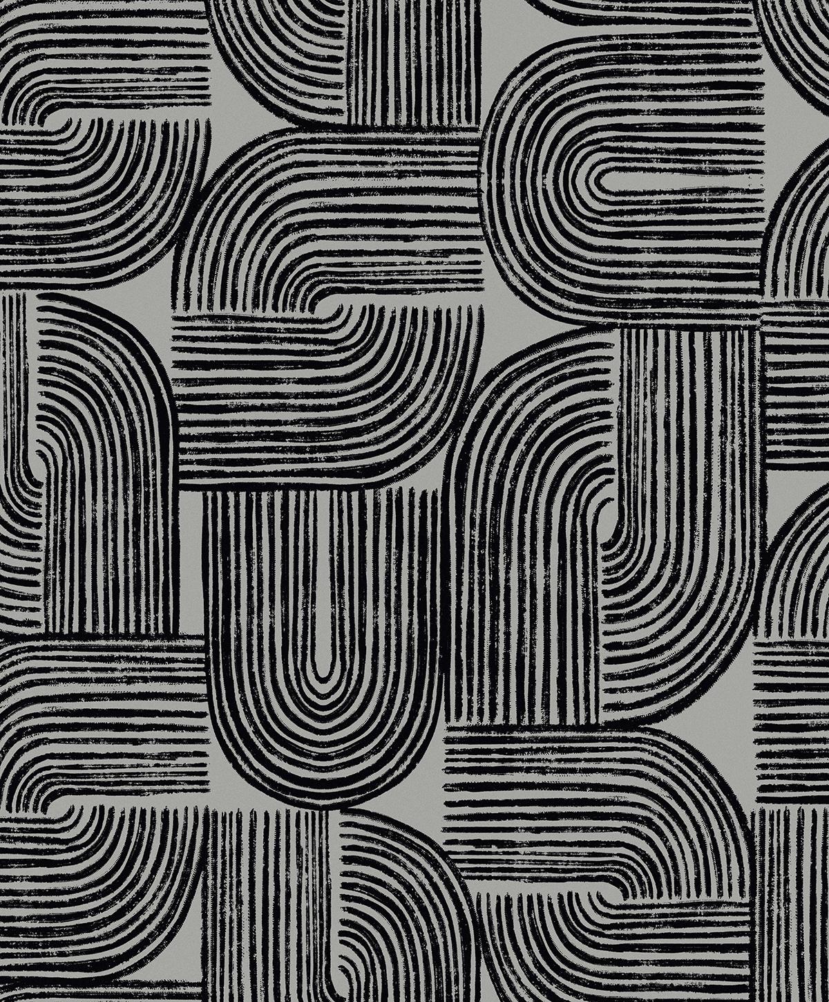 Seabrook Piper Geometric Metallic Silver Sea & Black Wallpaper