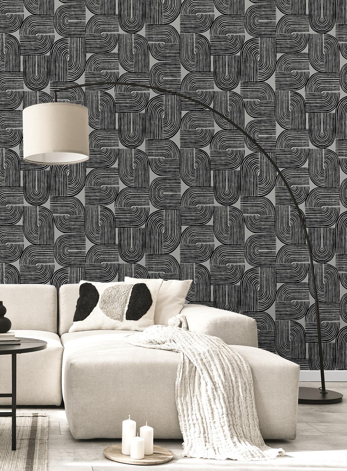 Seabrook Piper Geometric Metallic Silver Sea & Black Wallpaper