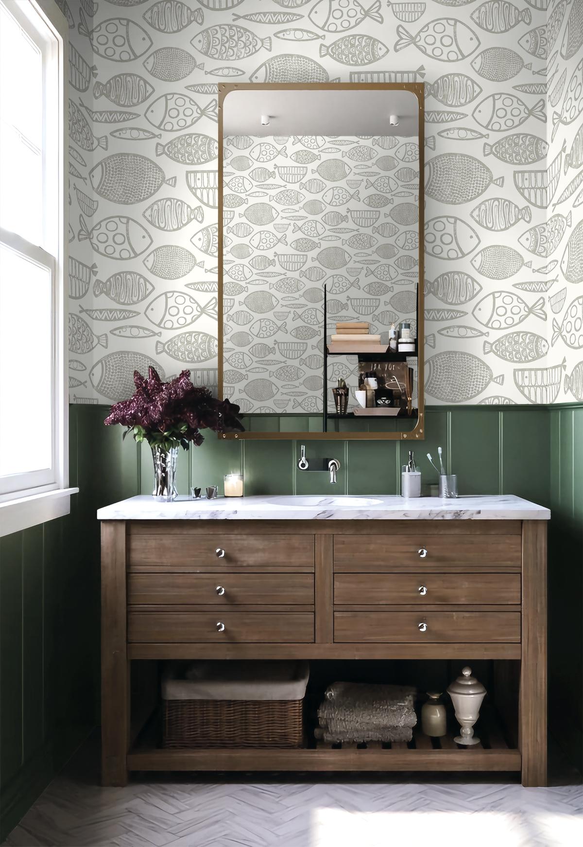 Seabrook Cadence Fish Lily Grey Wallpaper