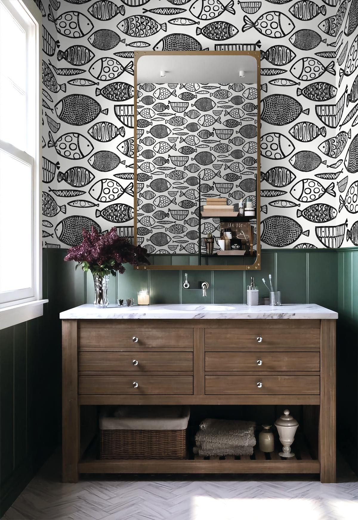 Seabrook Cadence Fish Contrast Wallpaper
