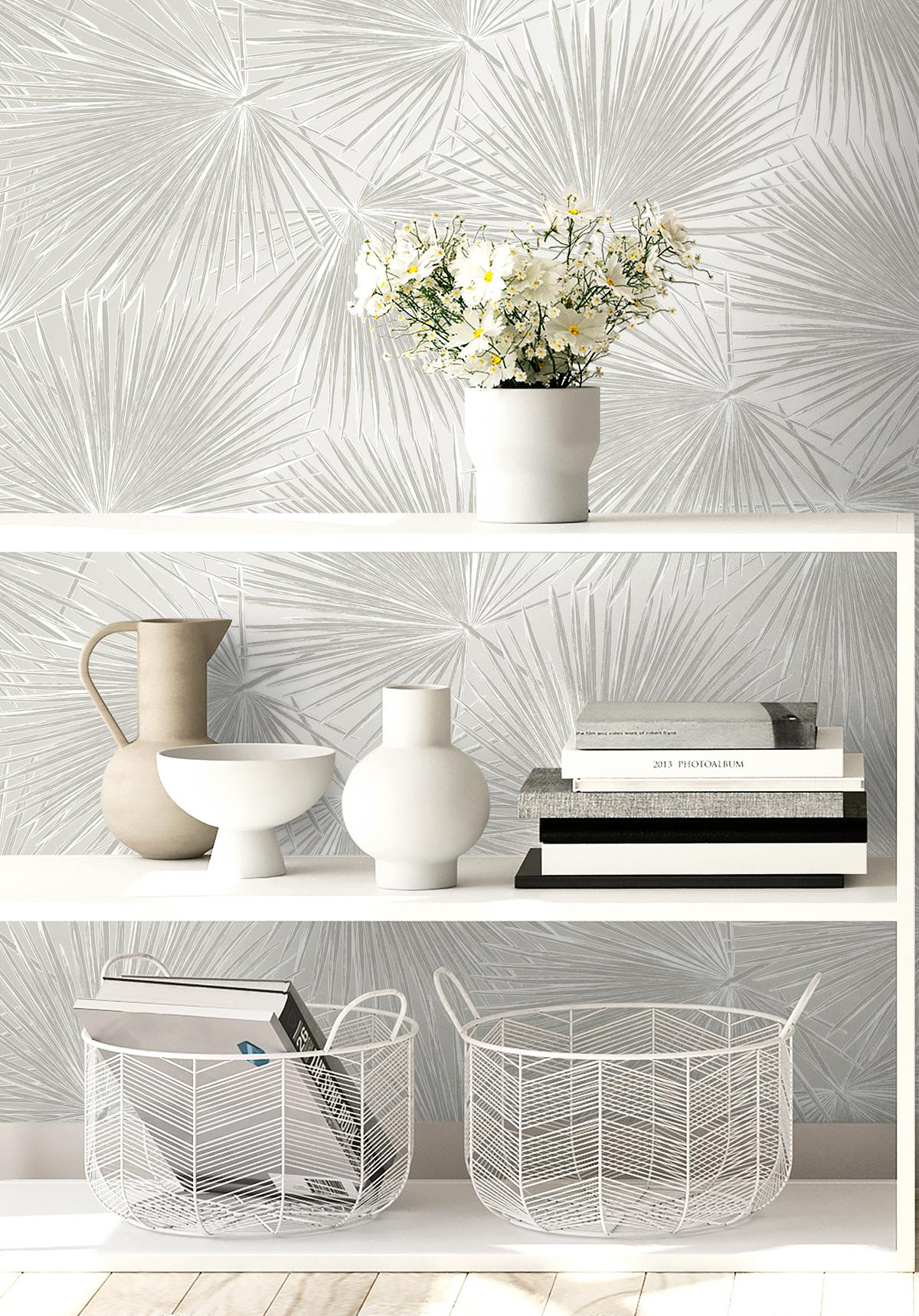 Seabrook Elvis Palms Metallic Boulder Grey Wallpaper