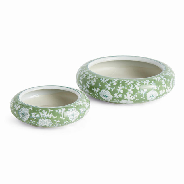 Napa Green/White IMPERIAL LOTUS LOW POTS LARGE, SET OF 4