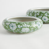 Napa Green/White IMPERIAL LOTUS LOW POTS LARGE, SET OF 4