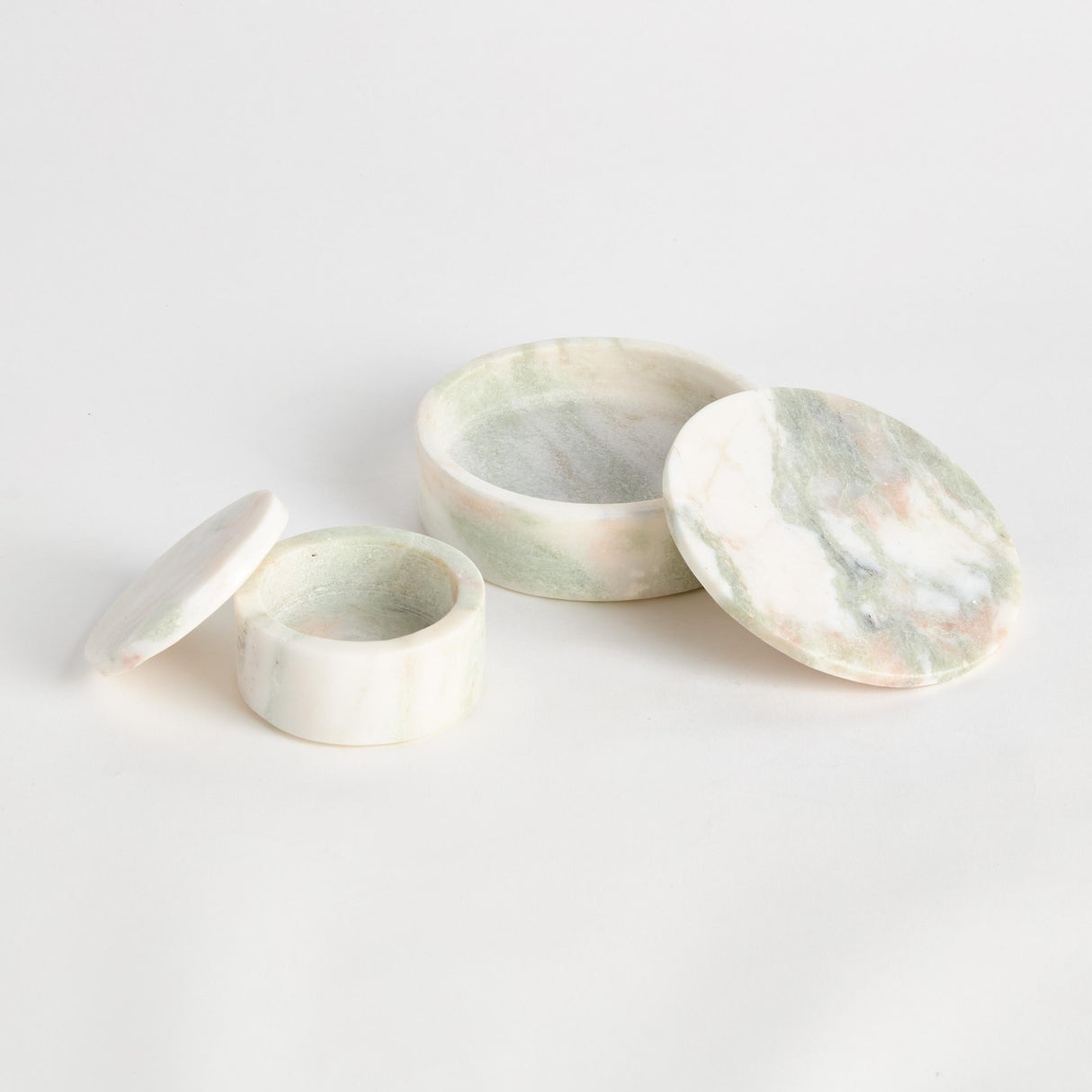 Napa Green/White Marble JOHANNA MARBLE ROUND LIDDED BOXES, SET OF 2