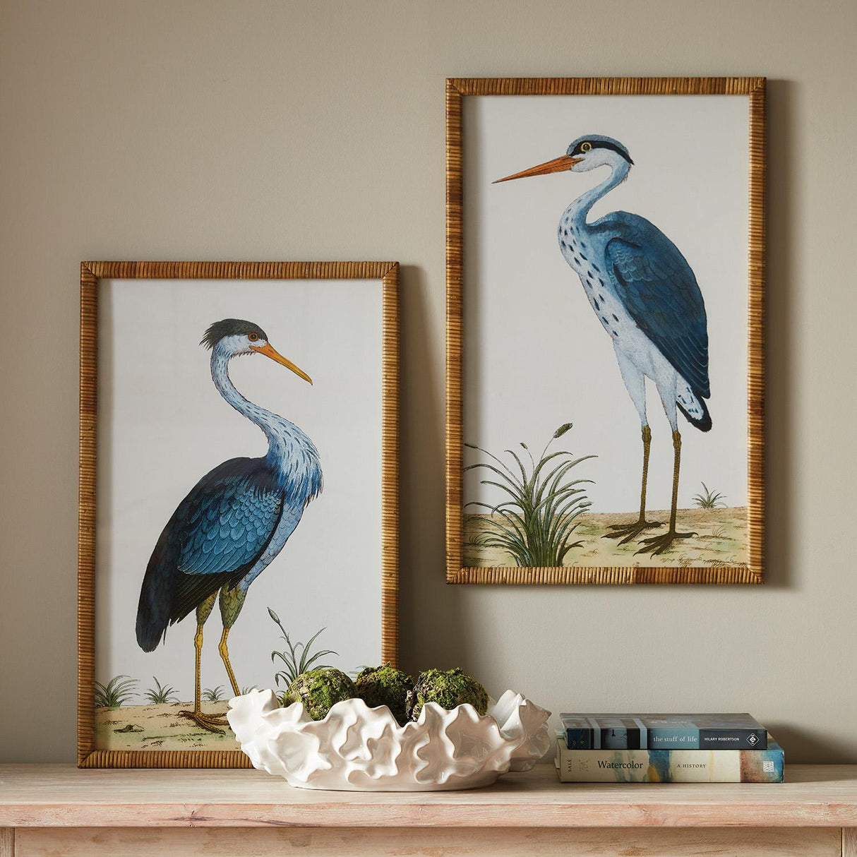 Napa Rattan wrapped frame HANDSOME HERON PAIR PRINTS, SET OF 2
